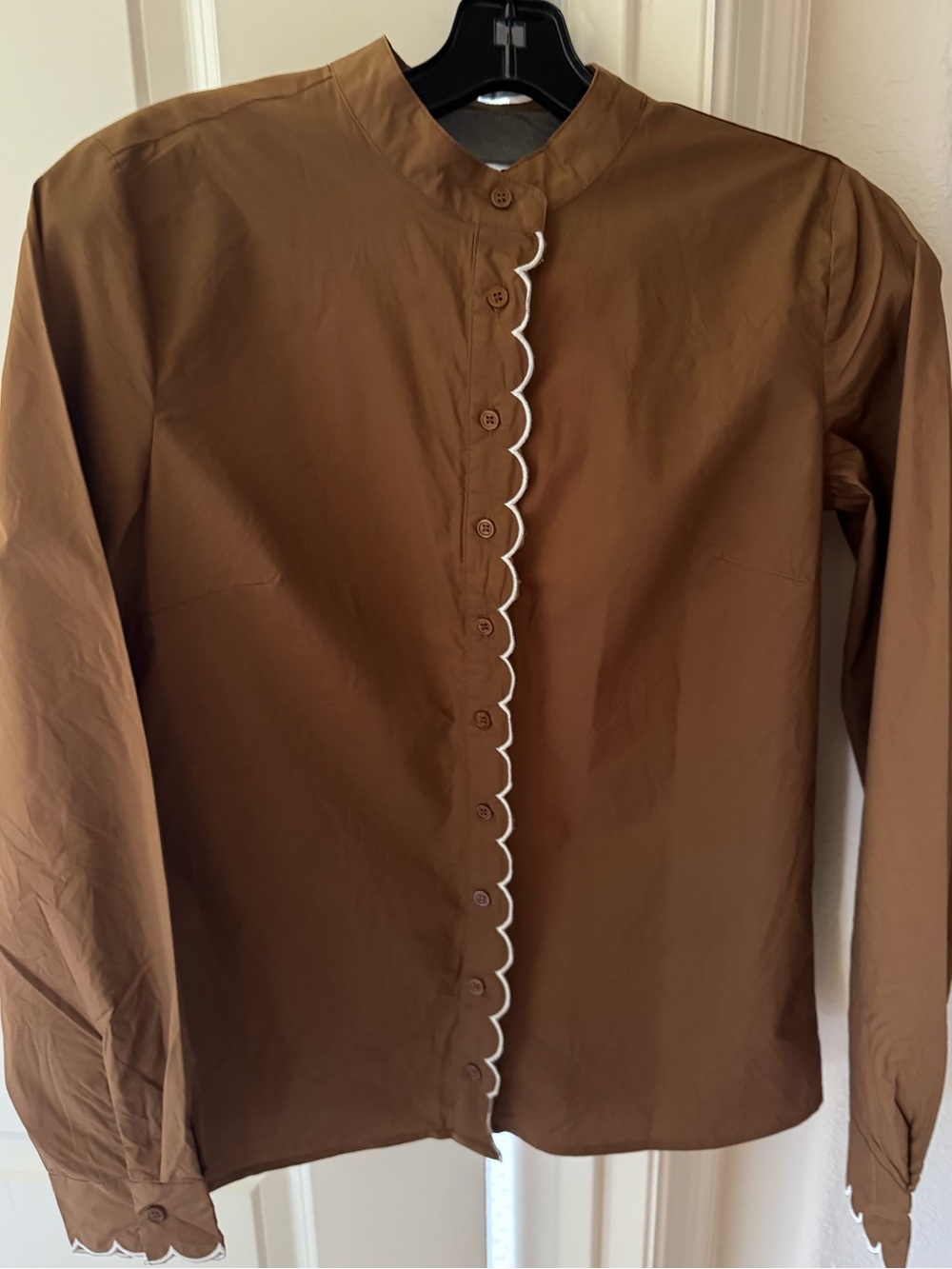 The Shirt by Rochelle Behrens Brown Button-Down Top with White Scallop Trim